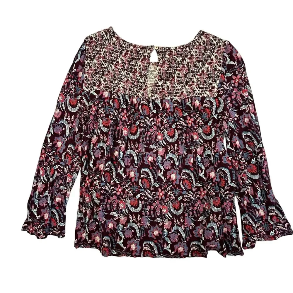Lucky Brand Paisley Floral Smocked Top Women Medium Burgundy 3/4 Sleeve